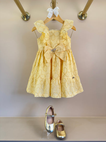 Vestido Infantil Amarelo Bordado de Flores 3D e Laço Com Libélula Metálica - Gabriela Aquarela