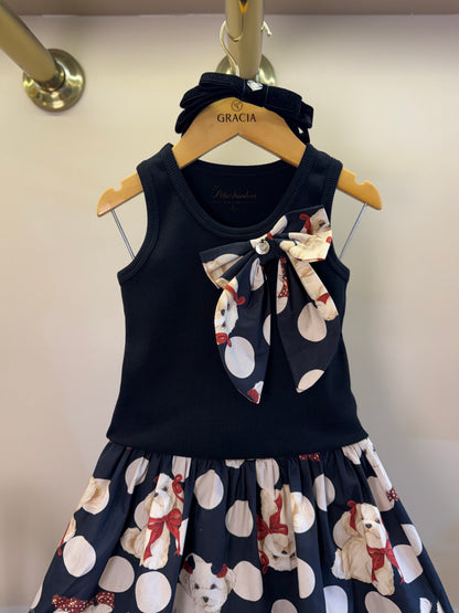 Conjunto Infantil Regata Maxi Laço e Saia e Algodão Cachorrinhos & Lacinhos Preto - Pituchinhus