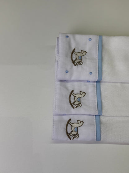 Kit 3 Fraldinhas Boca Bebê Luxo Bordadas Azul Cavalinhos - Roana