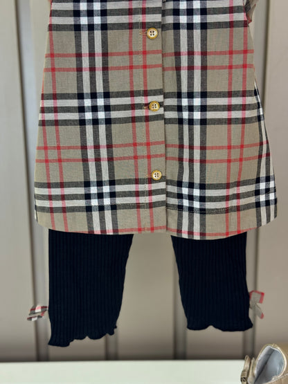 Conjunto Baby Algodão Bata Xadrez e Legging Preta - Um Mais Um