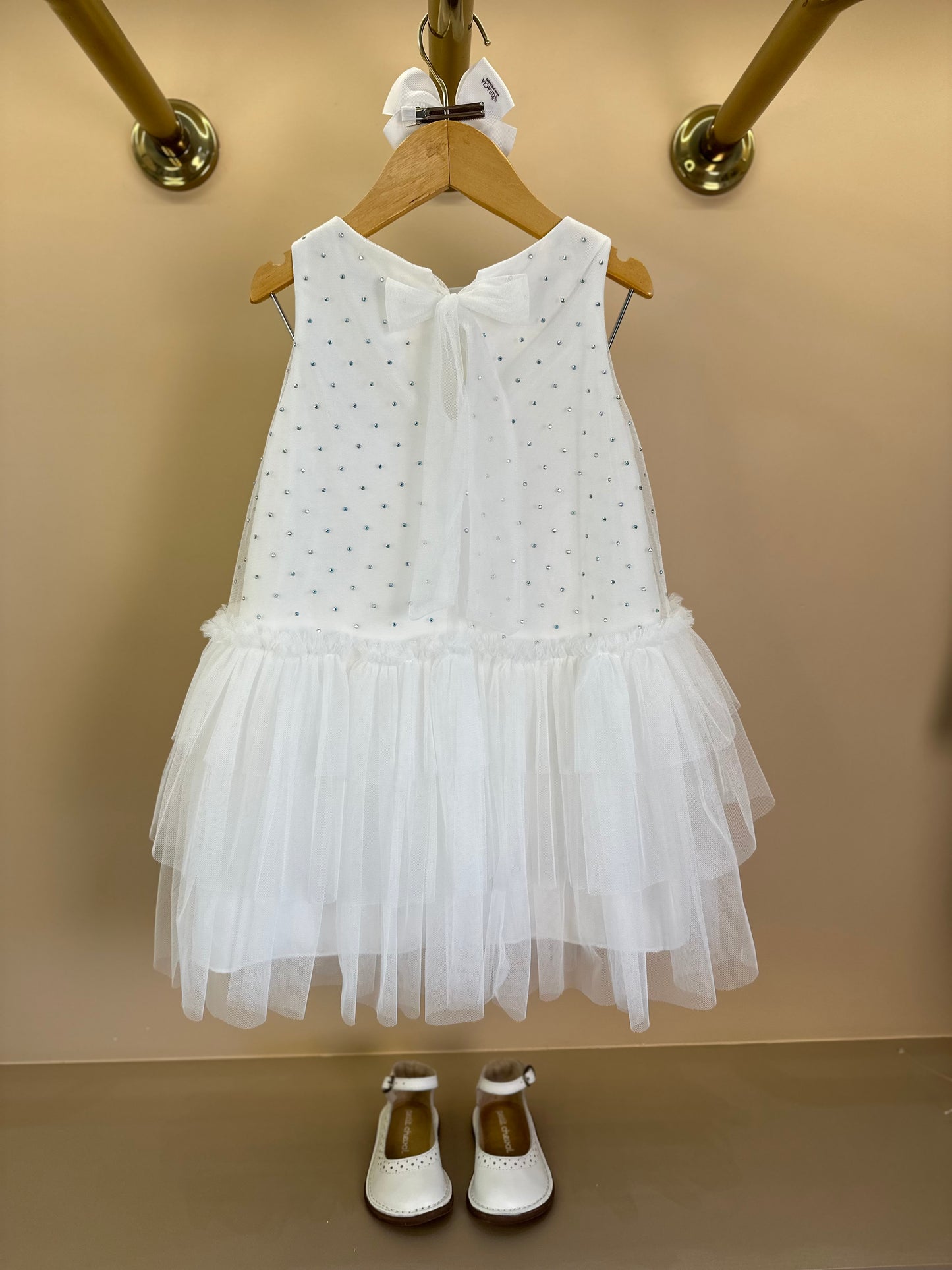 Vestido Infantil Trapézio Tule Strass Babados Off - Petit Cherie