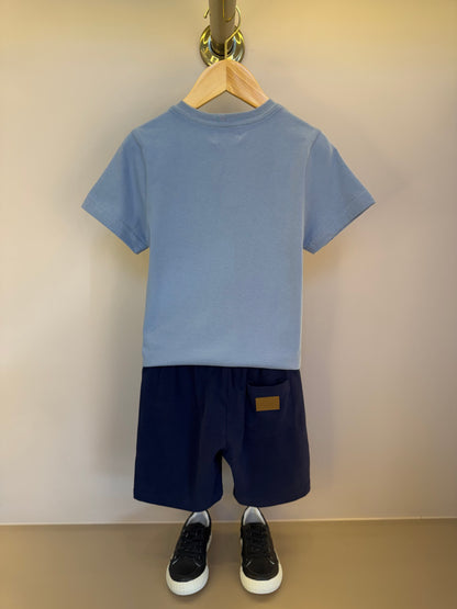 Conjunto Infantil Camiseta Teddy Sumer Delavê e Bermuda Moletom Elastano Elástico Listrado - Dame