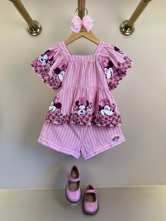 Conjunto Infantil Rosa Listrado Blusa Minnie Floral e Shorts - Animê