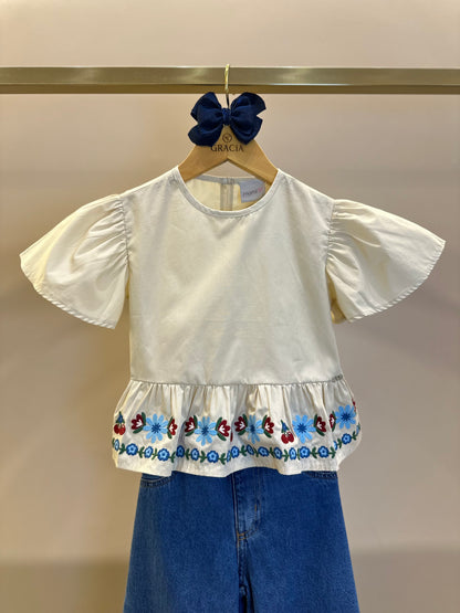 Conjunto Infantil Blusa Bordado Flores Bege e Calça Jeans Reta Laços - Momi