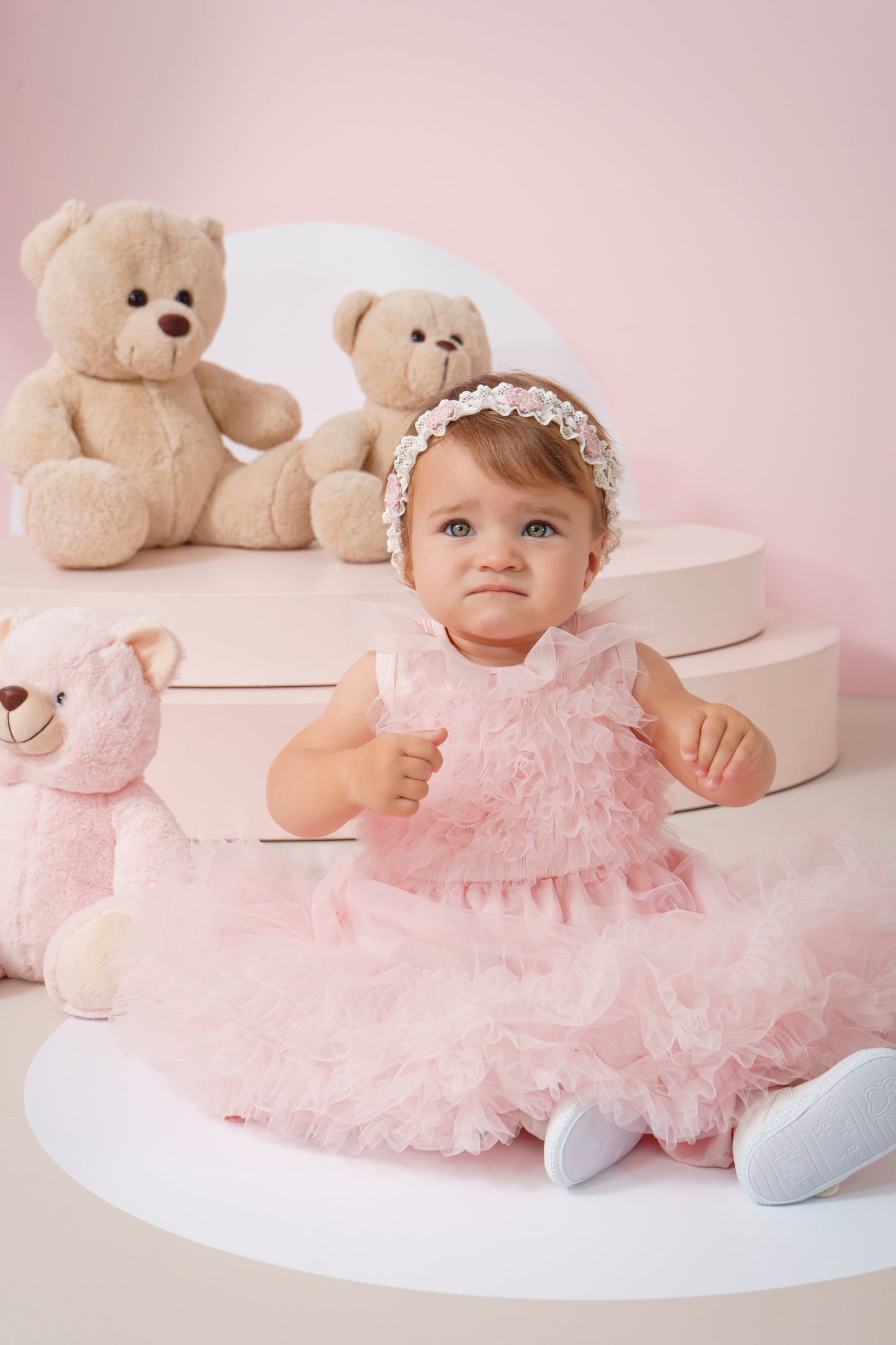 Vestido Bebê Princesa Tule Babado Frufru com Calcinha Rosa Gelado - Pituchinhus