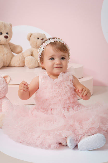 Vestido Bebê Princesa Tule Babado Frufru com Calcinha Rosa Gelado - Pituchinhus