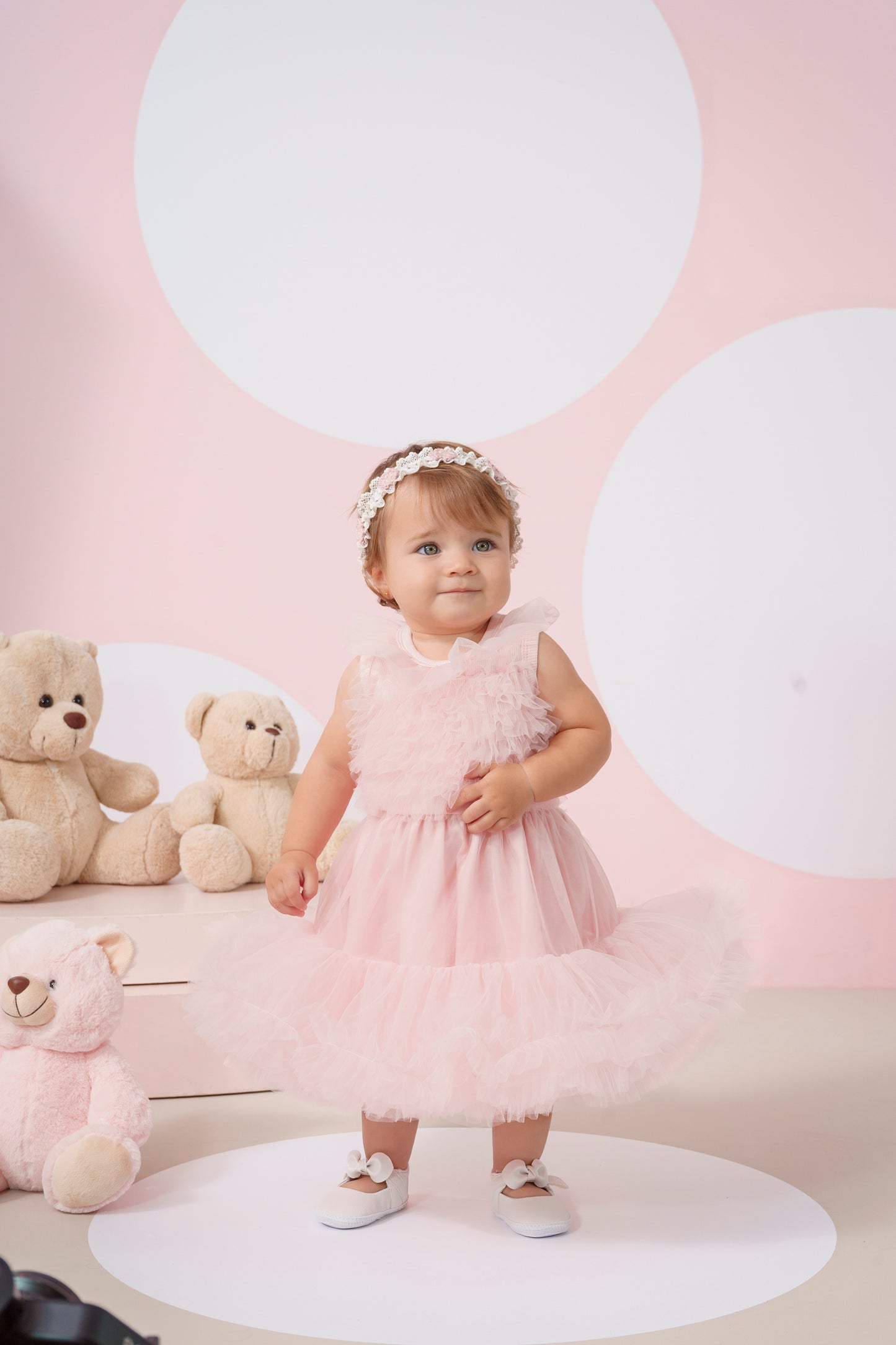 Vestido Bebê Princesa Tule Babado Frufru com Calcinha Rosa Gelado - Pituchinhus