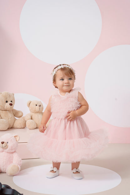 Vestido Bebê Princesa Tule Babado Frufru com Calcinha Rosa Gelado - Pituchinhus