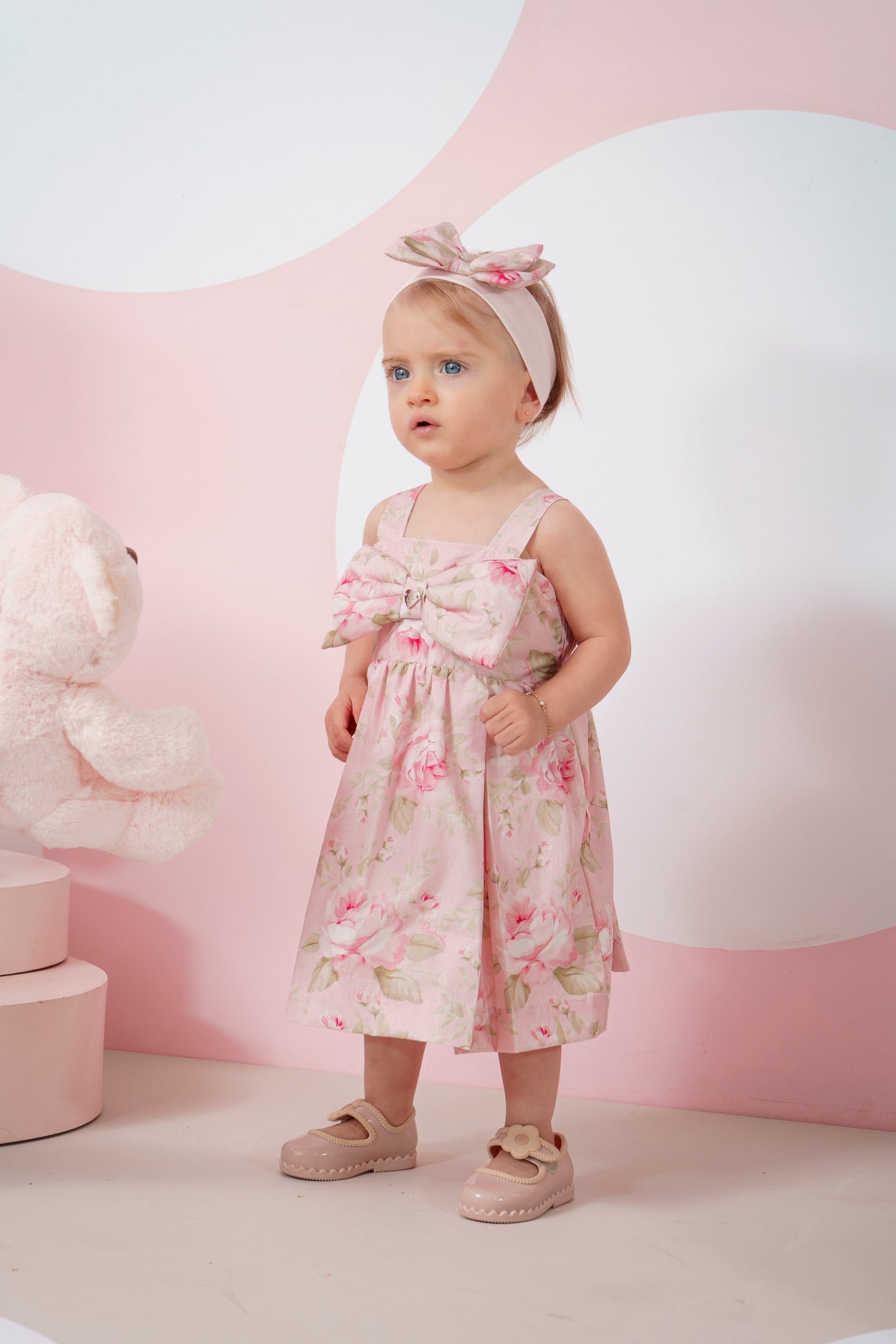 Vestido Bebê Algodão Laço Puffer com Calcinha Maxi Rosas - Pituchinhus