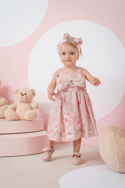 Vestido Bebê Algodão Laço Puffer com Calcinha Maxi Rosas - Pituchinhus