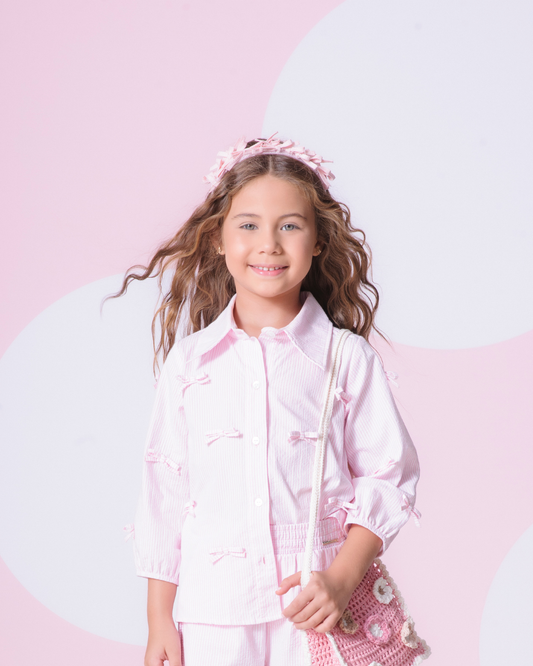 Camisa Infantil Listrada Mini Lacinhos Rosa Claro - Pituchinhus