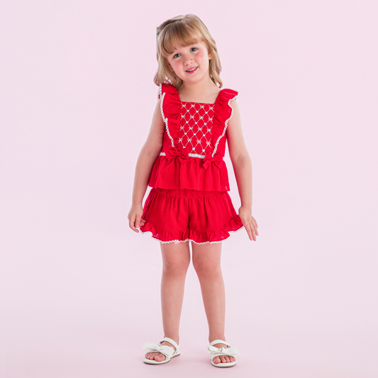 Conjunto Infantil Algodão Bordado Blusa Peplum e Shorts Vermelho - Petit Cherie PRÉ-VENDA