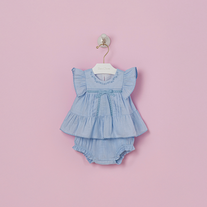 Conjunto Bebê Algodão Batinha Bordada e Shortinho Azul - Petit Cherie