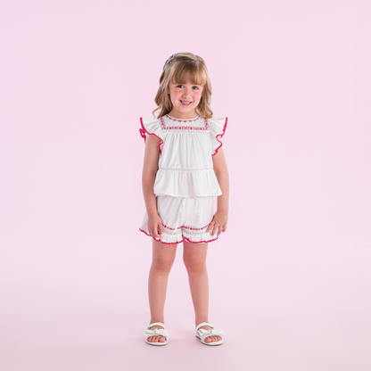Conjunto Infantil Algodão Blusa e Shorts Branco Bordado Vermelho - Petit Cherie