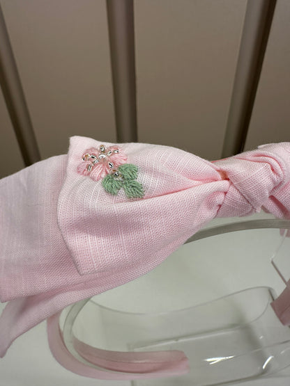 Tiara Infantil Mariana Rosa Tecido Algodão Laço Duplo Flores Bordadas - Roana