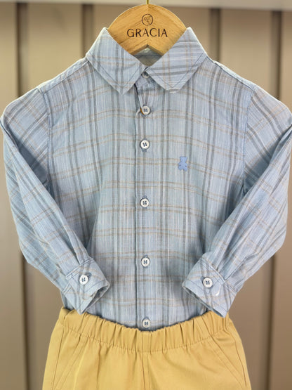 Conjunto Bebê Camisa-Body Algodão Xadrez ML Azul e Calça Sarja com Elastano Bege - Dame
