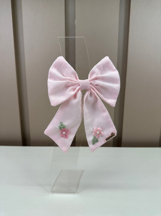 Laço Infantil Mariana Rosa Tecido Algodão Flores Bordadas - Roana