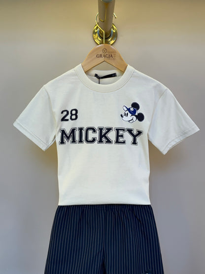 Conjunto Infantil Camiseta Bege Mickey e Bermuda Marinho Listrada - Youccie