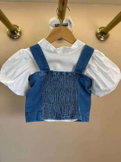 Conjunto Infantil Sobreposição Jeans, Blusa Manga Bufante e Calça Plissada - Animê