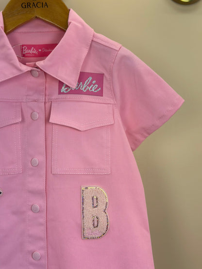 Vestido Infantil Sarja Bolsos Patches Barbie Rosa Romântico - Pituchinhus
