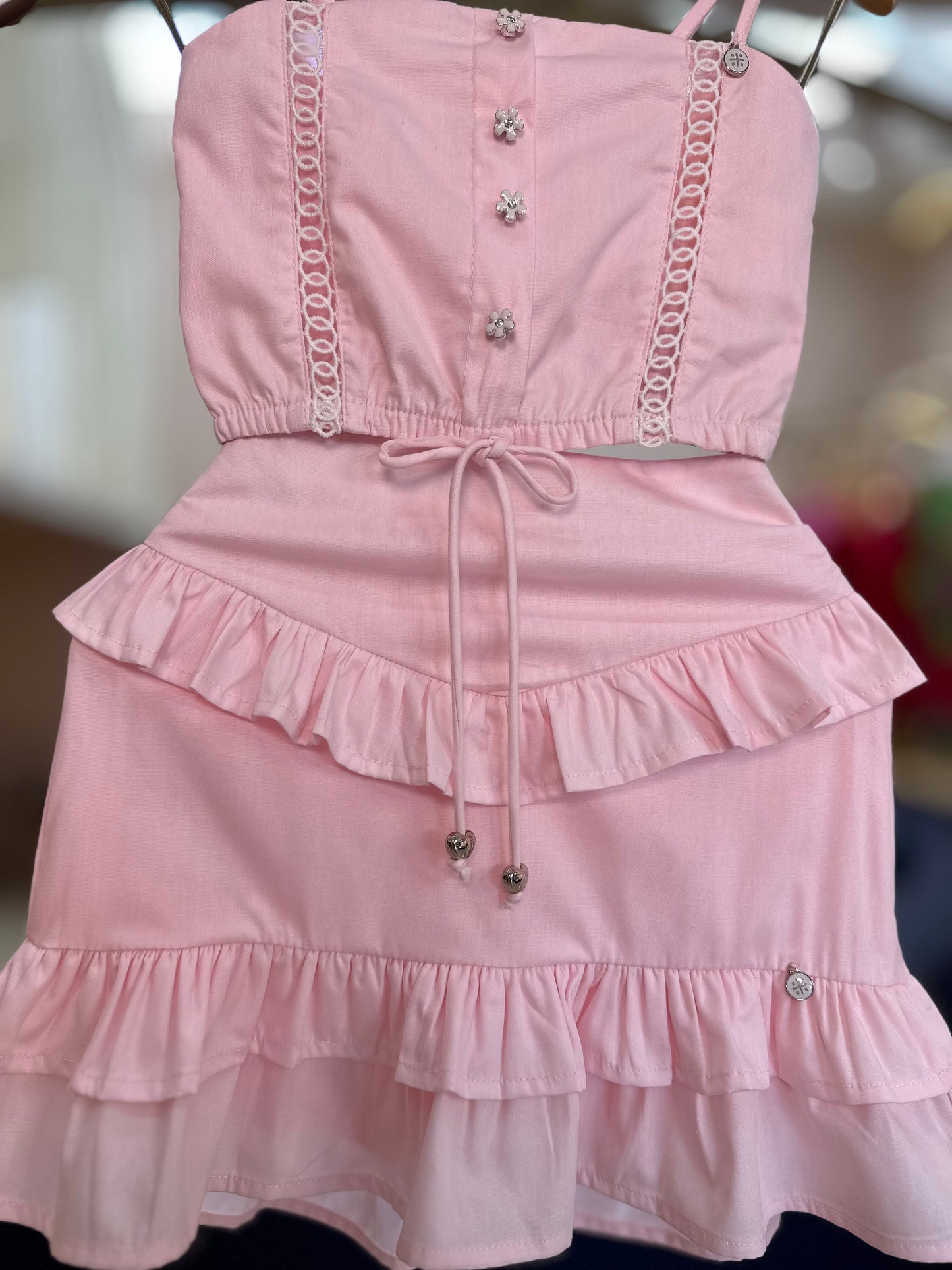 Conjunto Infantil Blusa e Saia-short de Algodão Entremeio em Renda Rosa - Um Mais Um