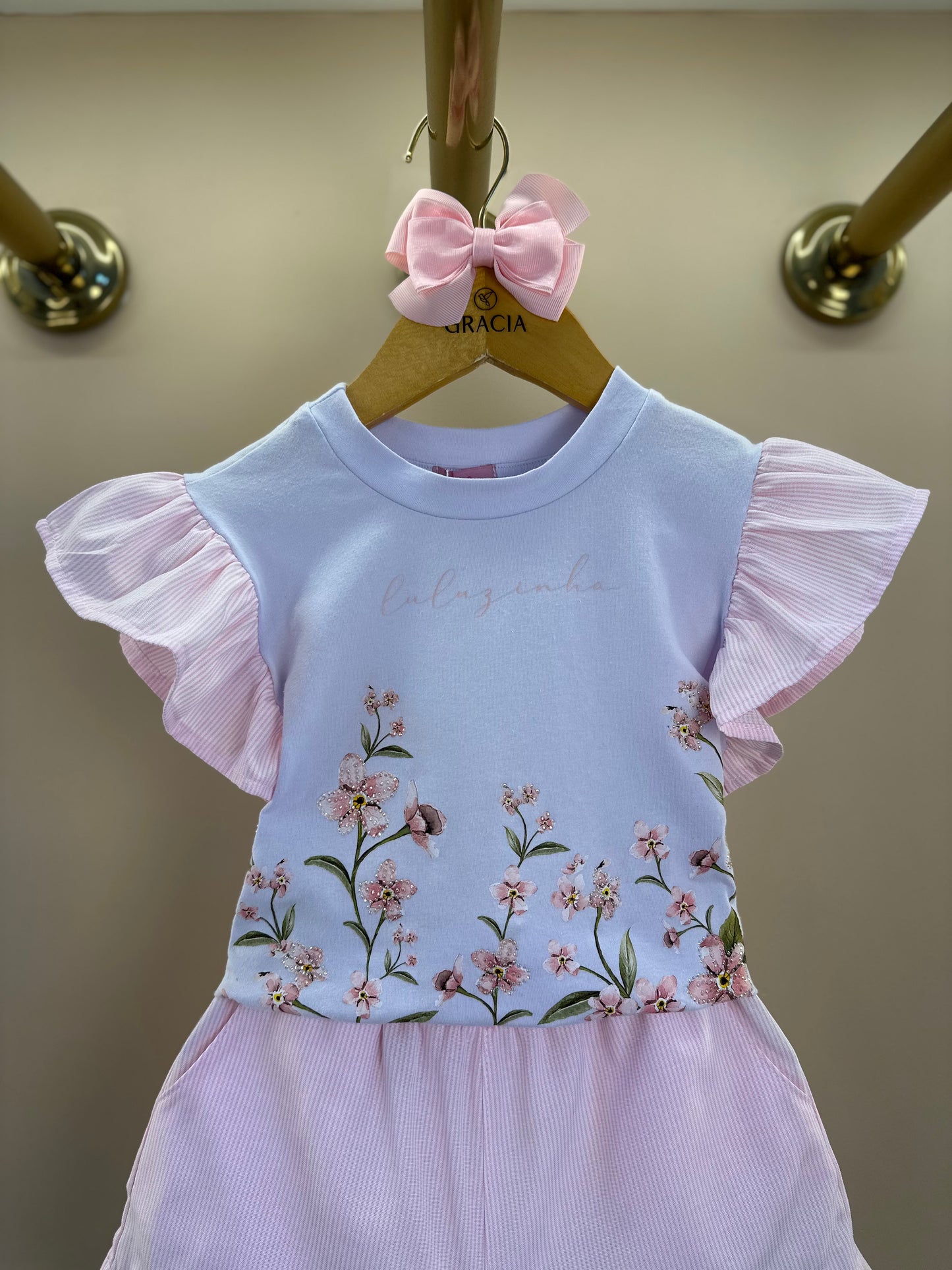 Conjunto Infantil Blusa Estampa Floral e Shorts Alfaiataria Listrado Rosa - Luluzinha