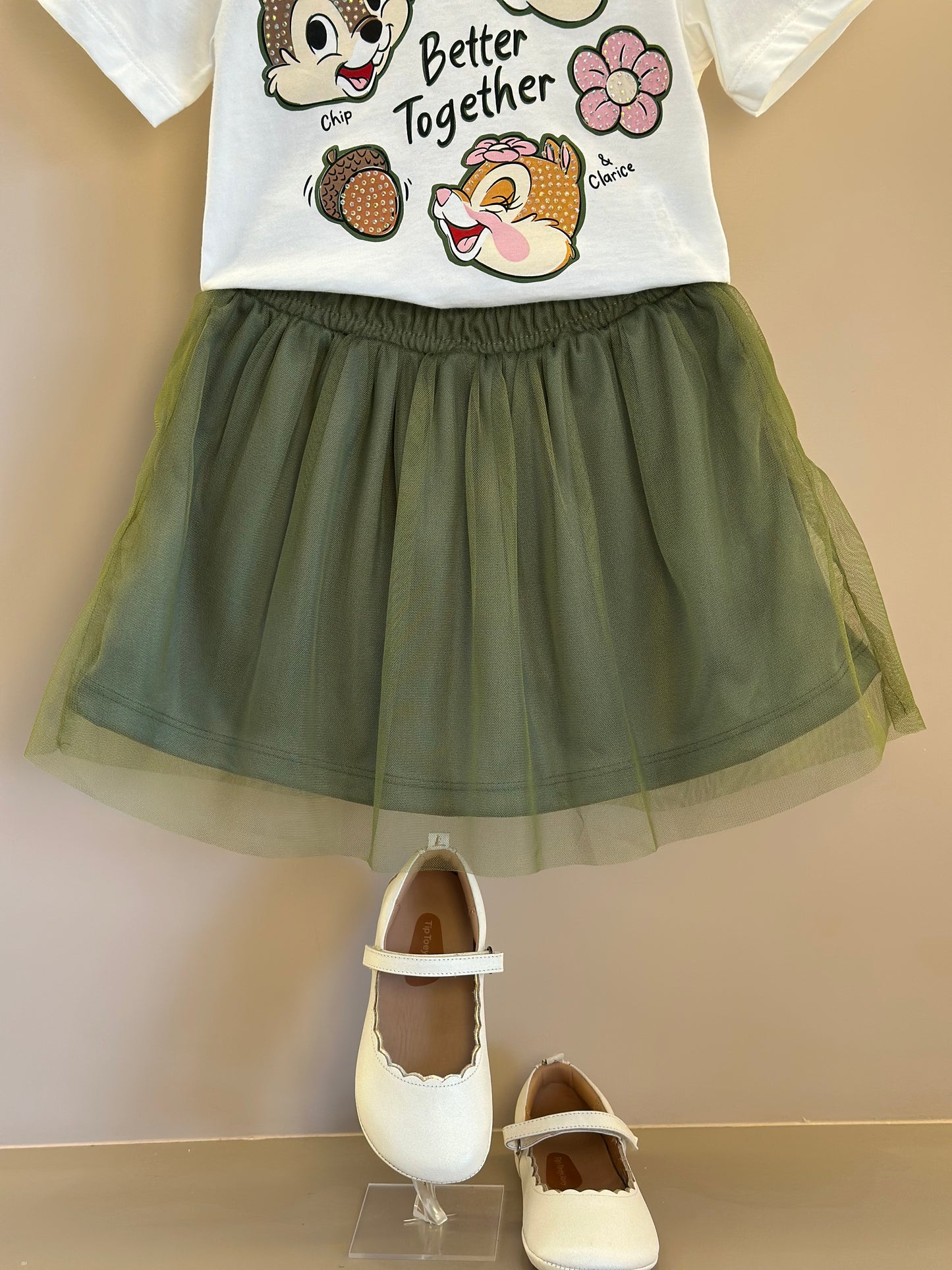 Conjunto Infantil Blusa Tico e Teco Better Together Strass Pérola e Saia Tule Verde Musgo - Momi