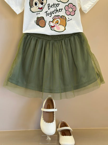 Conjunto Infantil Blusa Tico e Teco Better Together Strass Pérola e Saia Tule Verde Musgo - Momi