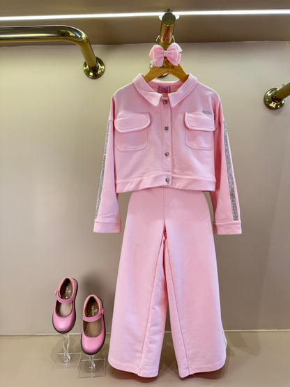 Conjunto Infantil Casaco Strass e Calça Wide Leg Glitter Lateral Rosa - Luluzinha