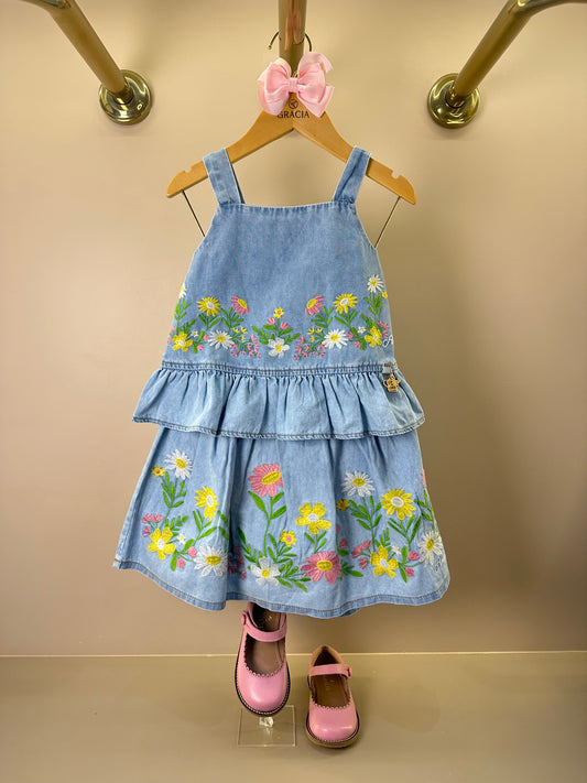 Conjunto Infantil Jeans Blusa Bordado Floral e Shorts Saia - Animê