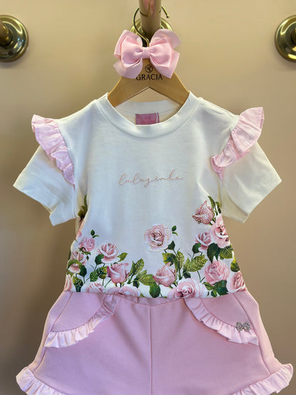 Conjunto Infantil Blusa Algodão Cotton Floral  Strass e Shorts Moletocotton Babadinho Rosa - Luluzinha