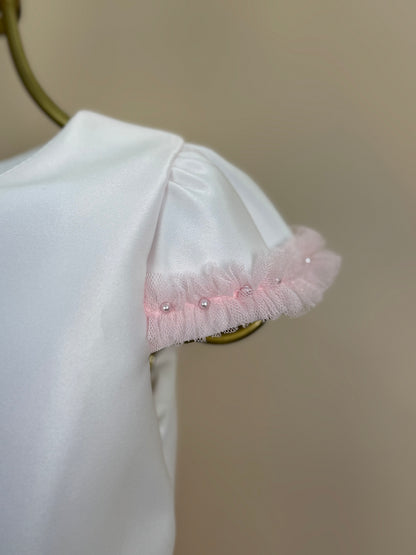 Vestido Infantil Laços e Pérolas Saia Tule Rosa - Petit Cherie