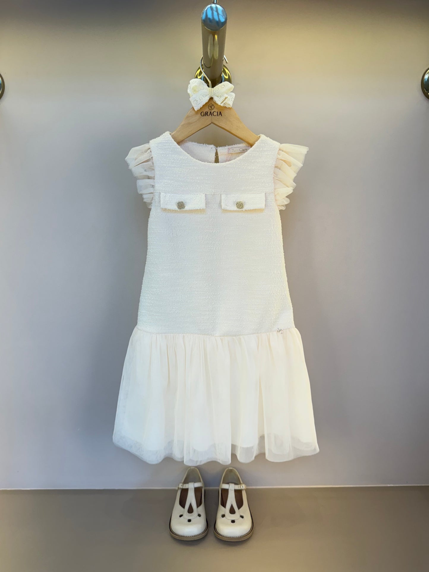 Vestido Infantil Tweed com Botão Joia e Tule - Petit Cherie