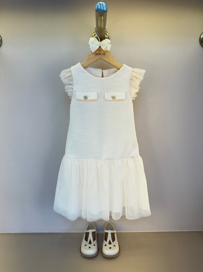 Vestido Infantil Tweed com Botão Joia e Tule - Petit Cherie