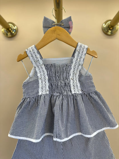 Conjunto Infantil Algodão Blusa Xadrez Renda Bordada e Shorts Xadrez Bordado e Renda - Pituchinhus