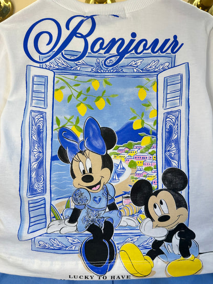 Conjunto Infantil Blusa Estampa Minnie e Mickey Bonjour e Saia Shorts Infantil Laço Bordado de Tomate - Animê