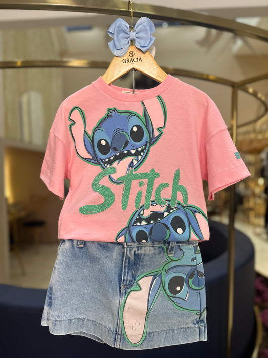 Conjunto Infantil Stitch Tshirt e Shorts-saia Jeans - Animê