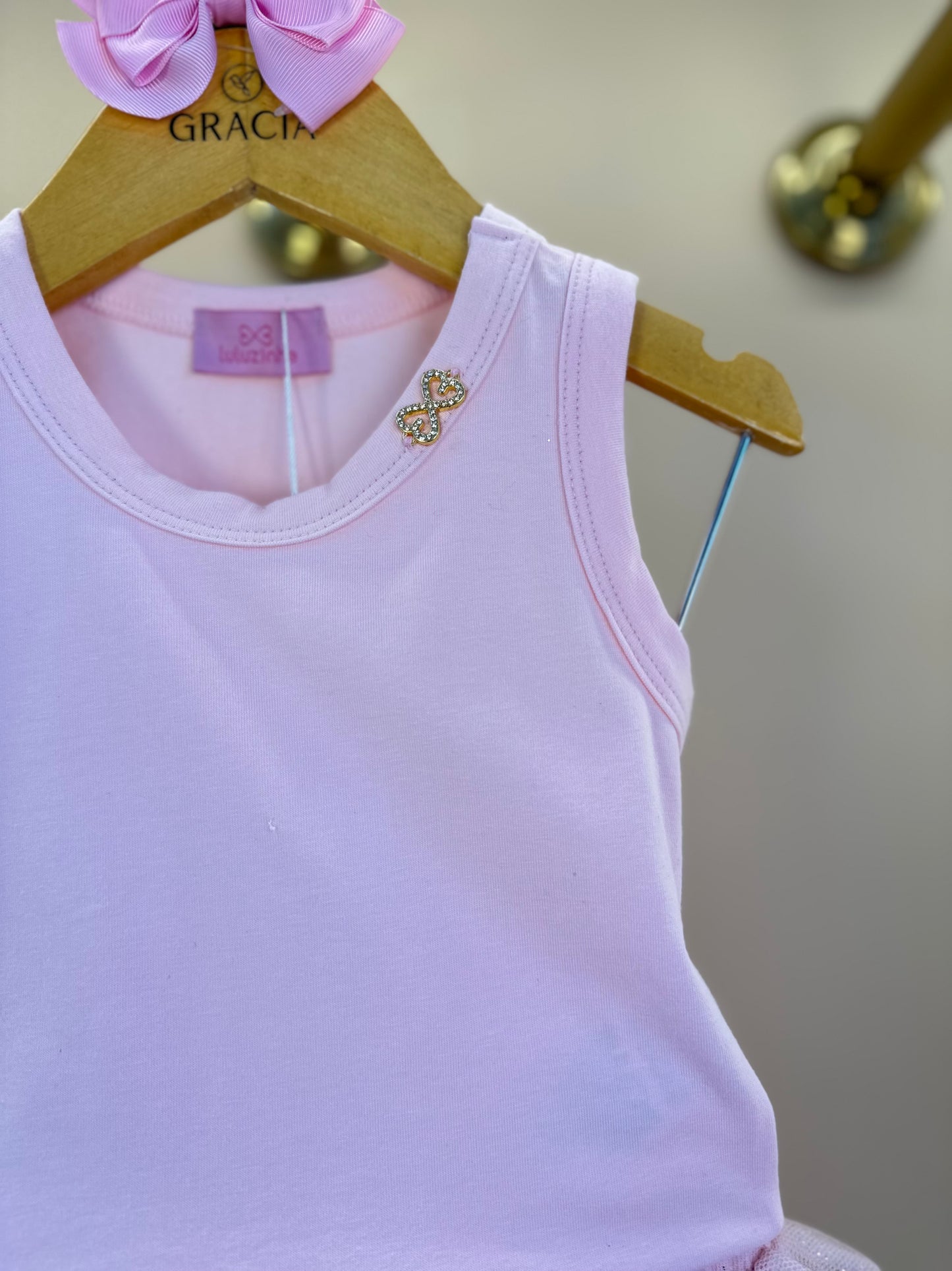 Conjunto Infantil Blusa Plaquinha Bordado Strass e Saia Rodada Camadas Tule Glitter Rosa - Luluzinha