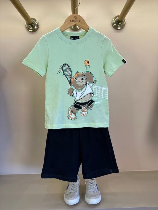 Conjunto Infantil Camiseta Ursinho Tenista e Bermuda Preta - Youccie