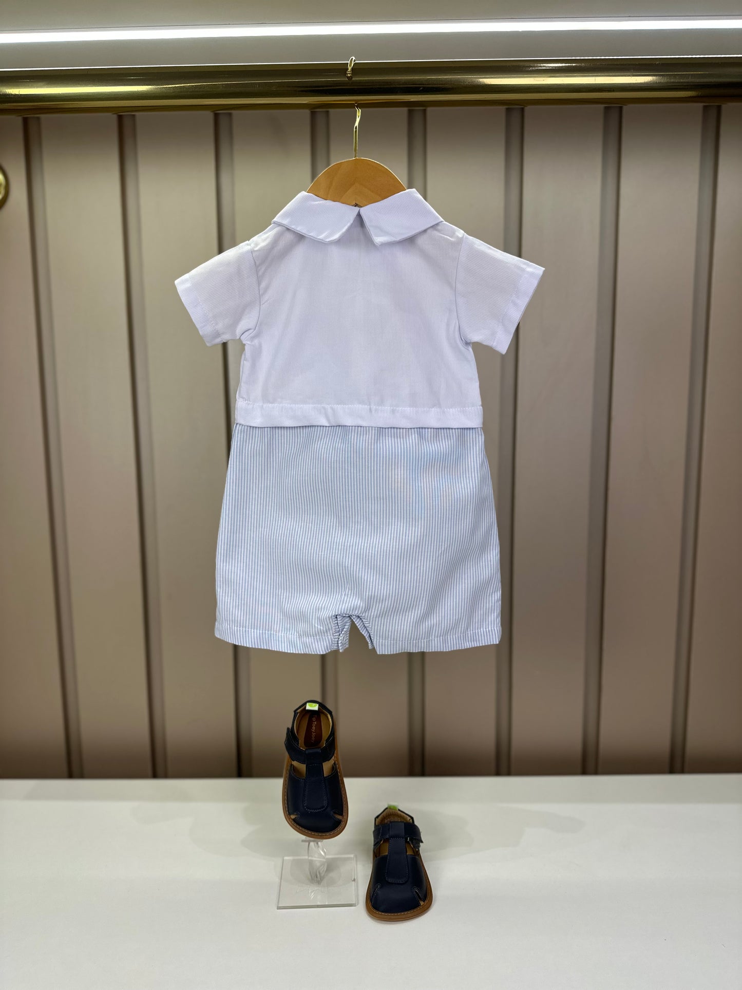 Macaquinho Bebê Botões & Bolso Branco com Listras Azul - Roana