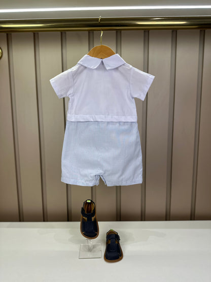 Macaquinho Bebê Botões & Bolso Branco com Listras Azul - Roana