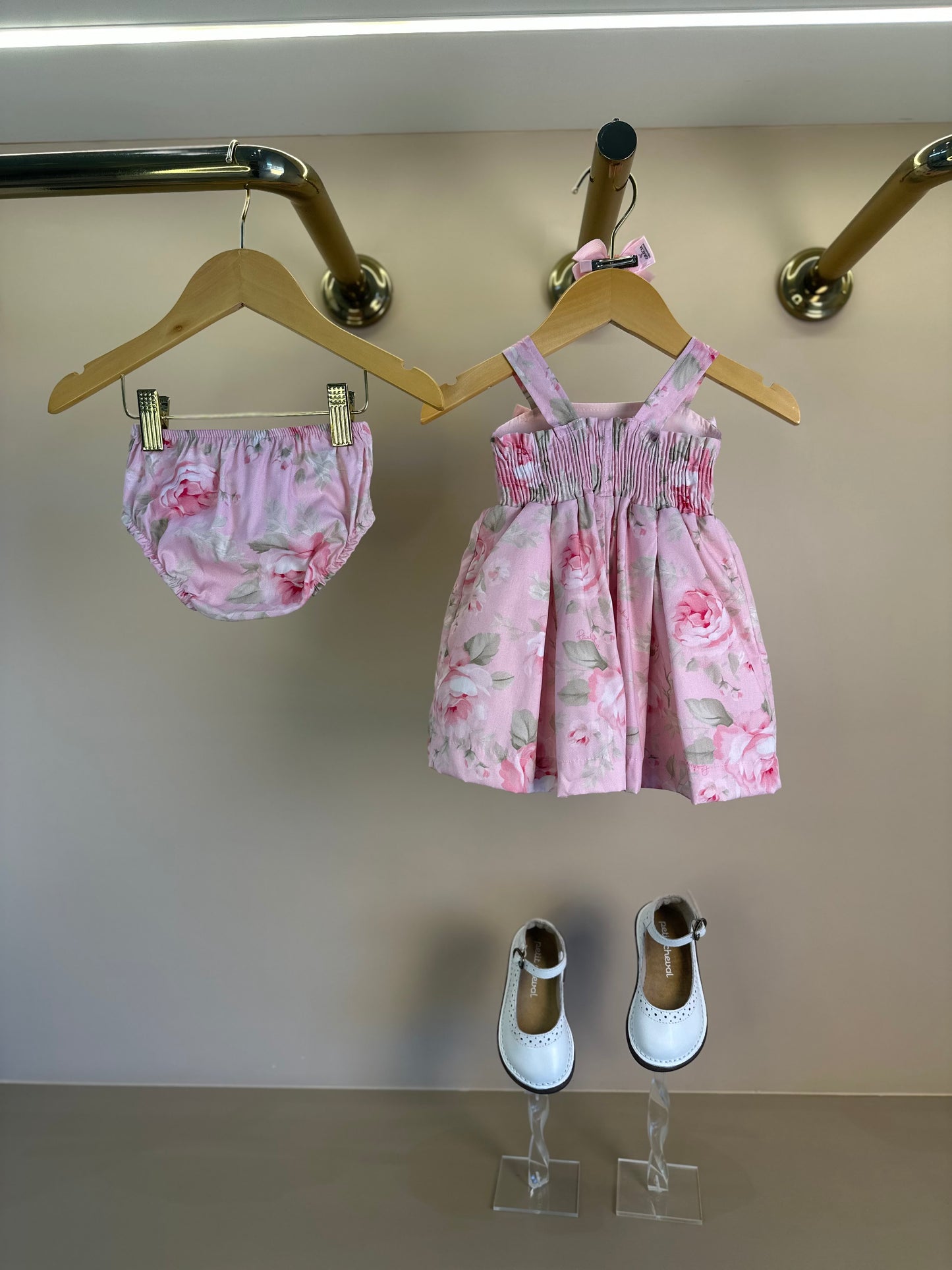 Vestido Bebê Algodão Laço Puffer com Calcinha Maxi Rosas - Pituchinhus