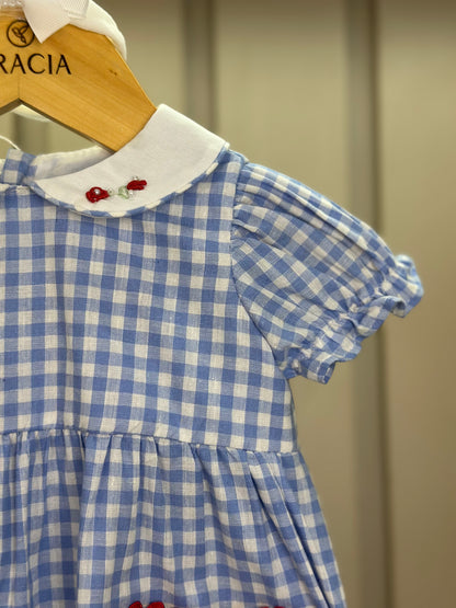 Pimpão Bebê Luxo Gola Bordada Renda Xadrez Azul - Roana