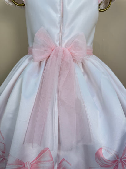 Vestido Infantil Laços e Pérolas Saia Tule Rosa - Petit Cherie