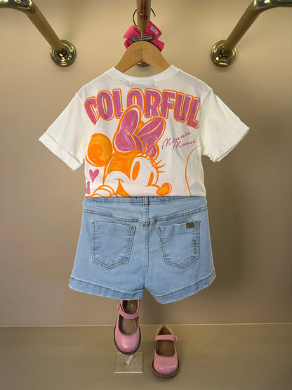 Conjunto Infantil Blusa Minnie Mouse Colorful e Shorts Jeans Estampa Minnie - Animê
