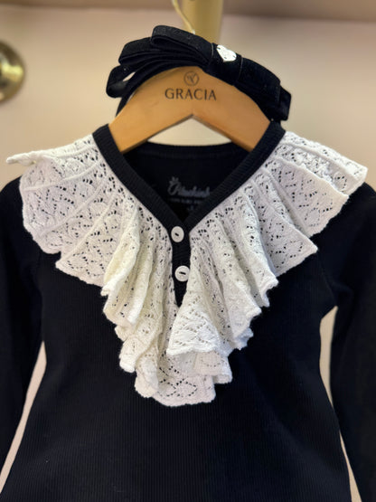 Conjunto Infantil Blusa Tricot ML Jabô Botões e Saia Sarja Babadinho Preto - Pituchinhus