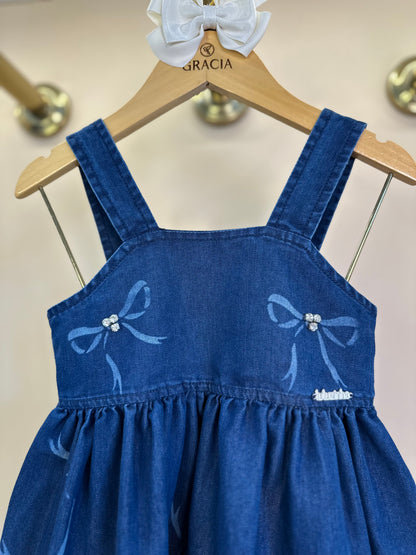 Vestido Infantil Jeans Laços Rodado - Luluzinha