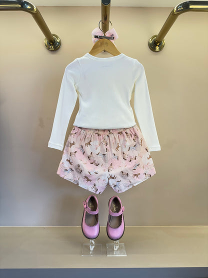Conjunto Infantil Blusa Rib Moldura Cavalinho Cristal Off White e Shorts Cavalinhos Rosa - Pituchinhus