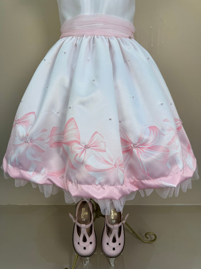 Vestido Infantil Laços e Pérolas Saia Tule Rosa - Petit Cherie