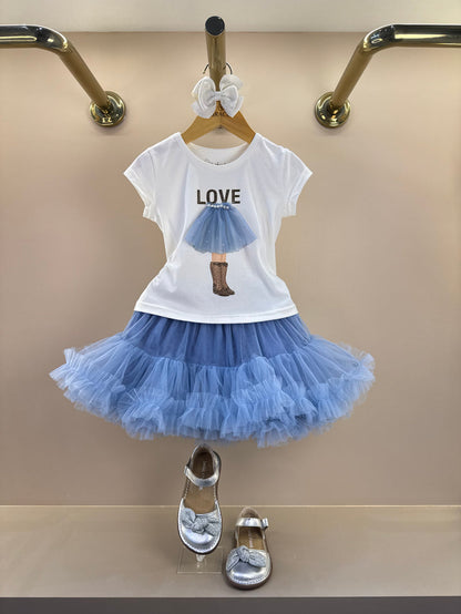 Saia Infantil Tule Babado Fru-Fru Azul Médio - Pituchinhus